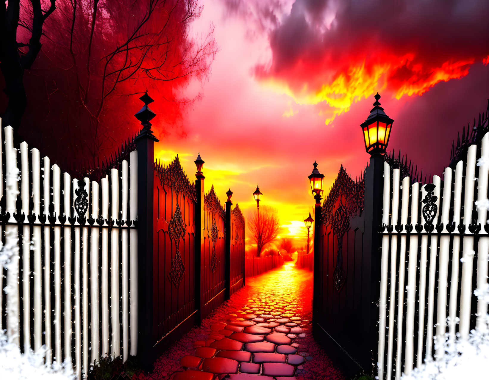 Fiery red sky sunset over cobblestone path with iron gates & street lamps