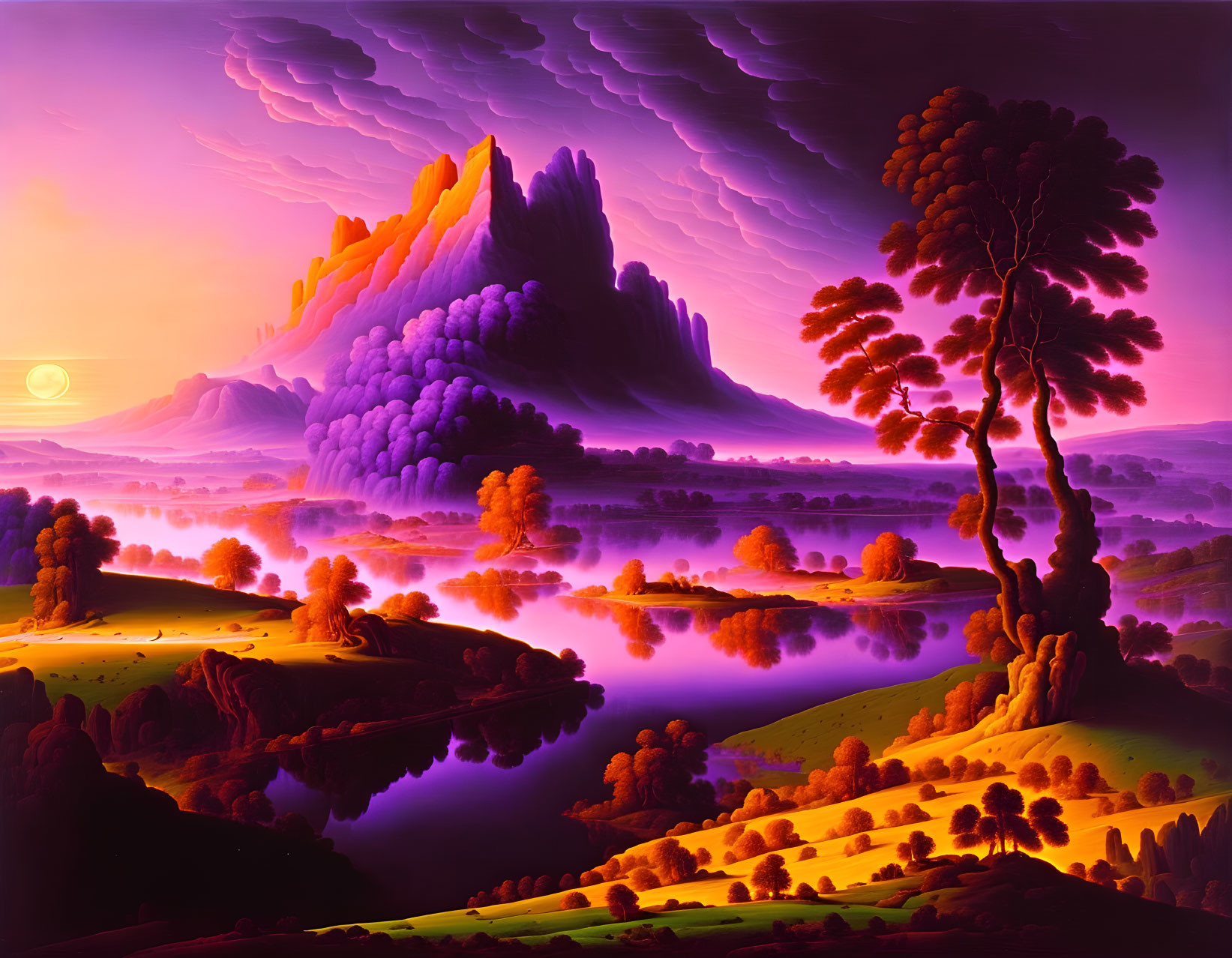 Surreal landscape with vibrant sky, towering mountain, autumn trees, and reflective lake.