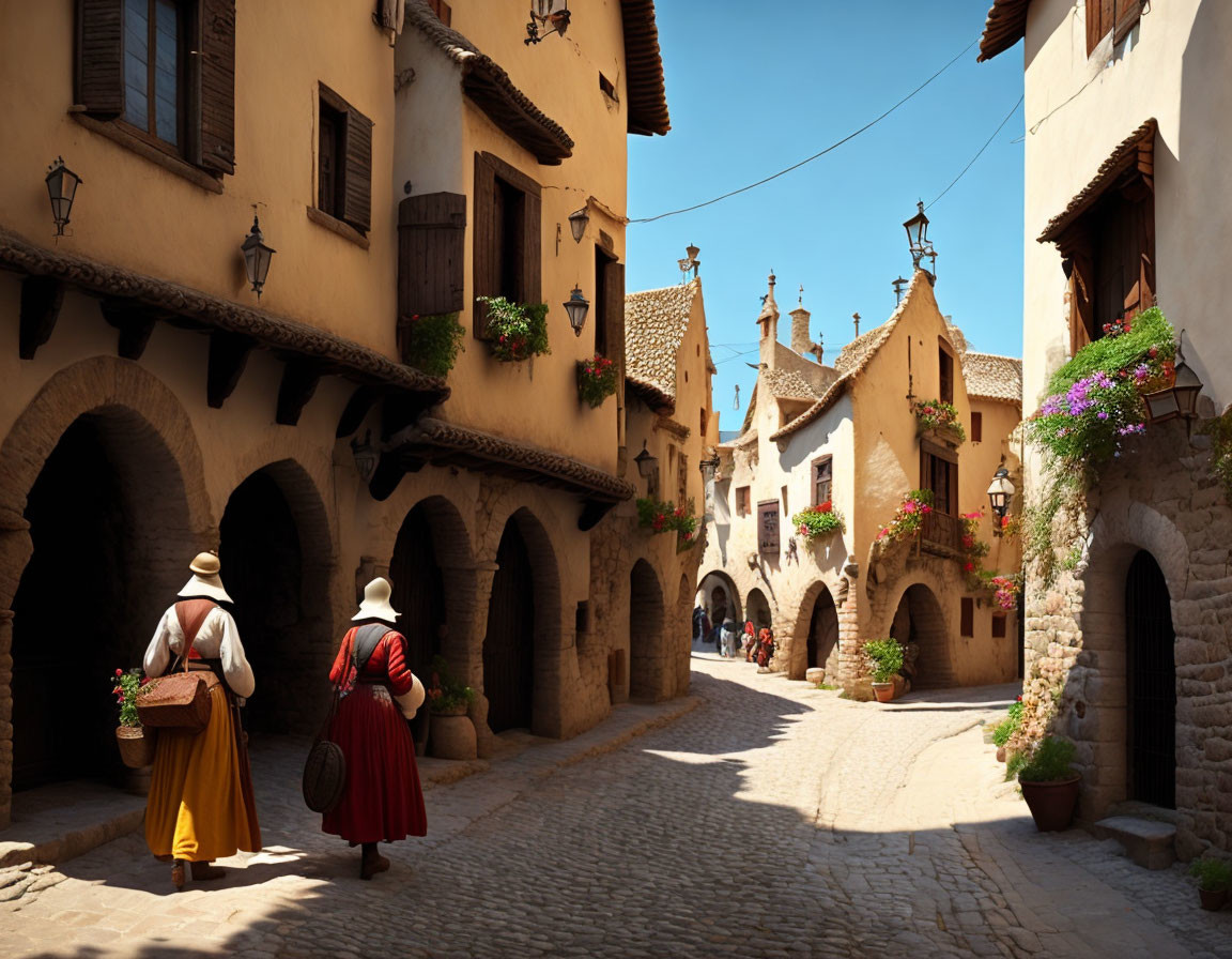 Traditional attire individuals stroll in charming European street with archways and flower baskets