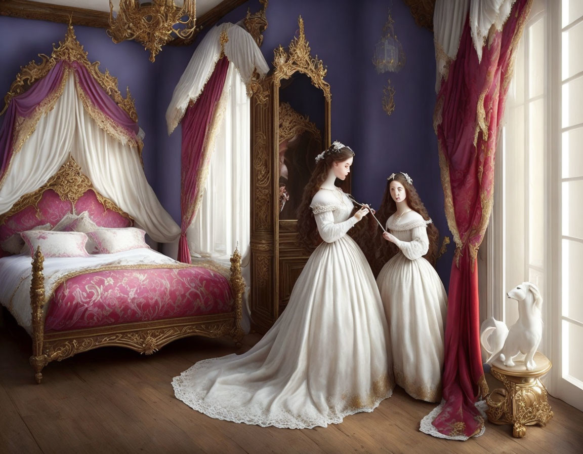 Two women in white period dresses in luxurious bedroom with gold-framed bed