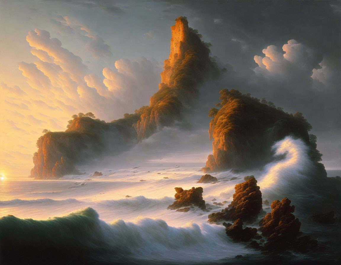 Majestic seascape: towering cliffs, golden sunset, crashing waves, ethereal clouds