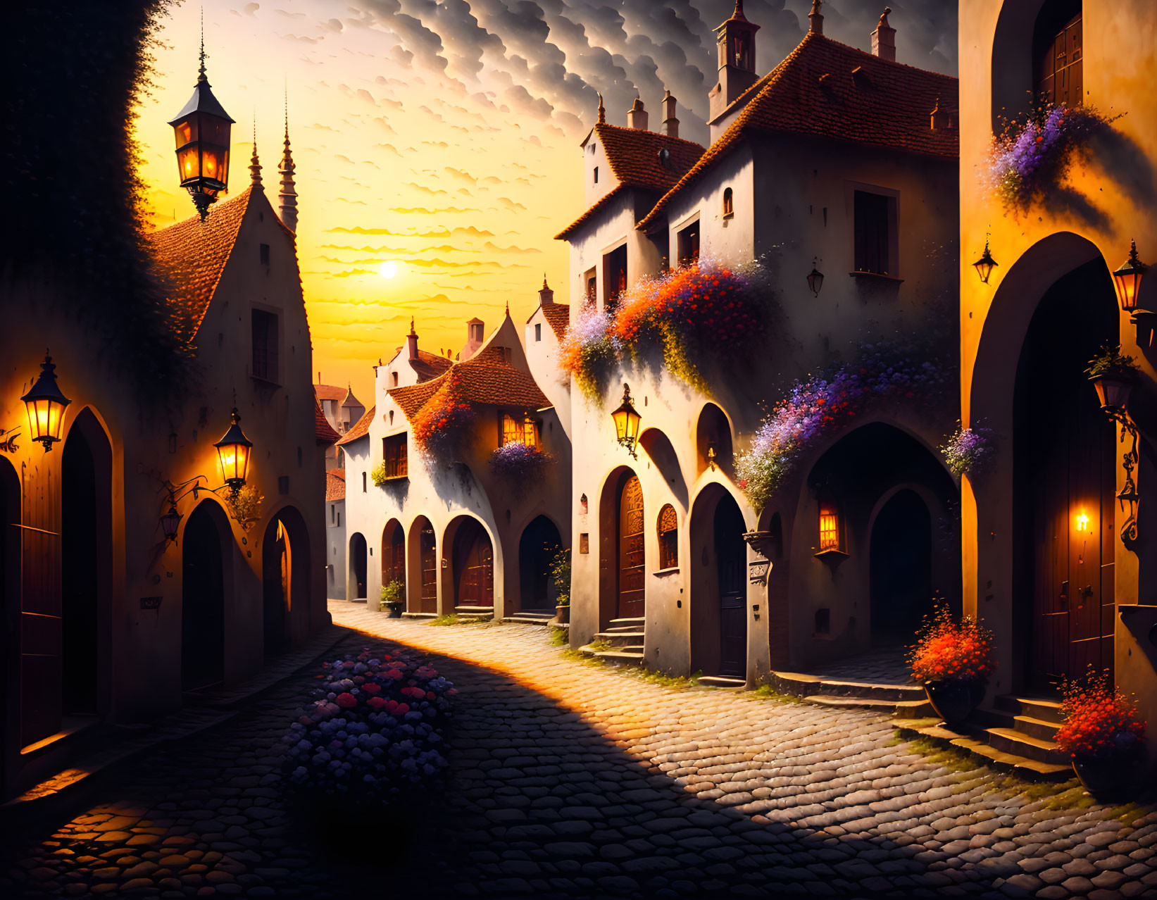 Charming cobblestone street with old houses and vibrant flowers at sunset