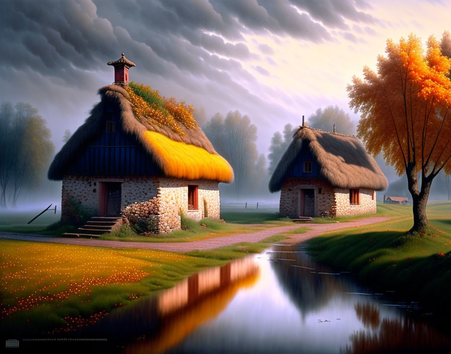 Quaint thatched-roof cottages by a serene river in autumn landscape