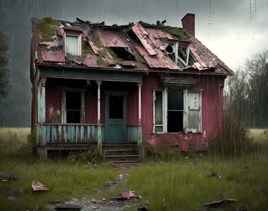 Abandoned two-story house with damaged roof and peeling paint