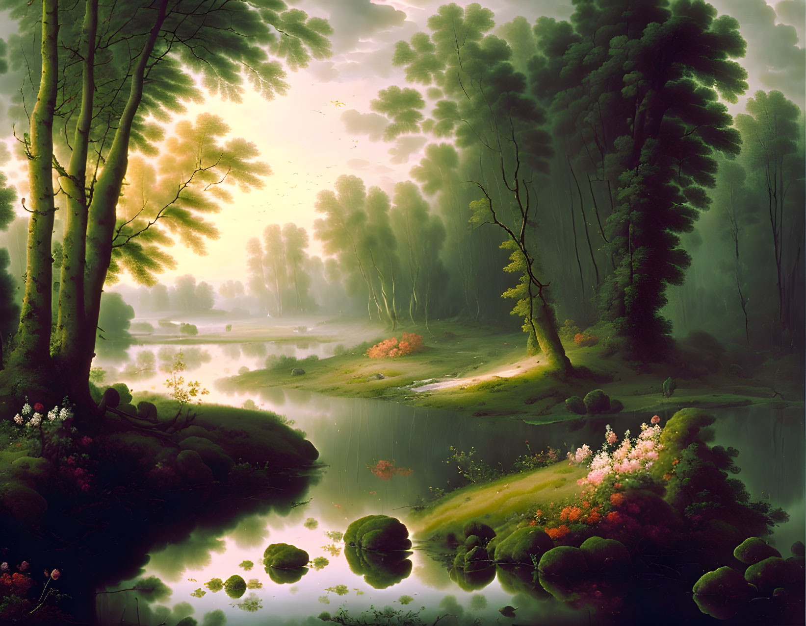 Serene forest landscape with misty river, lush greenery, blooming flowers