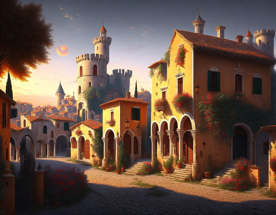 Medieval village with cobblestone streets, charming homes, and castle under twin moons at sunset.