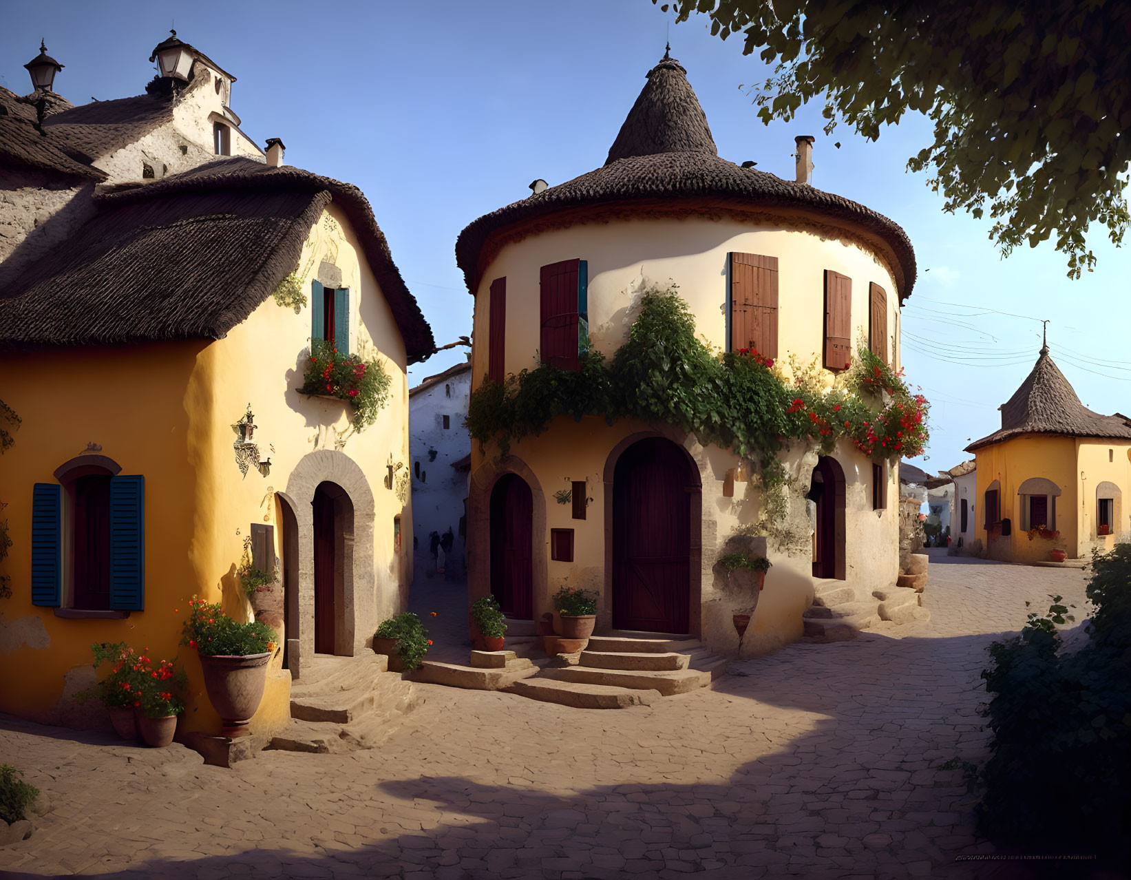 Traditional Yellow and White Houses in Quaint Village Scene