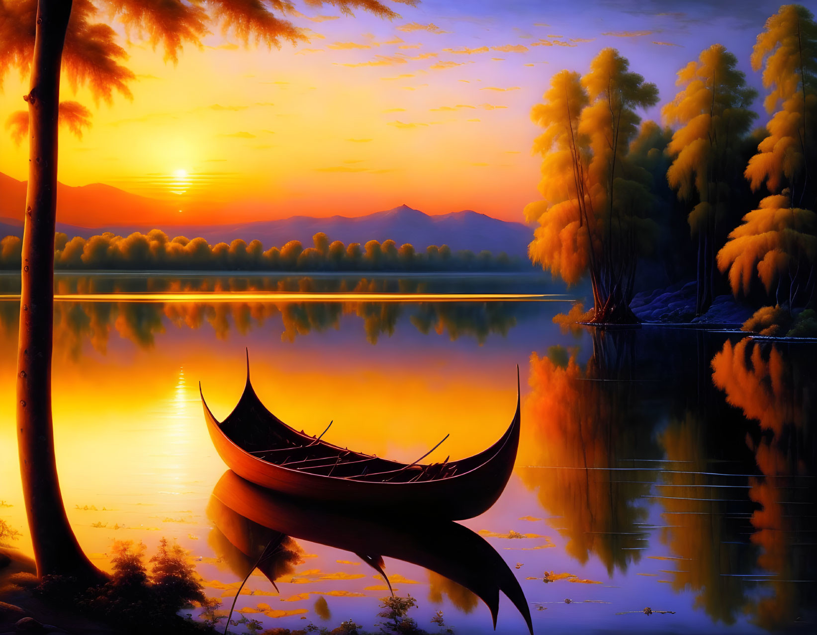 Tranquil sunset over calm lake with silhouetted trees and canoe