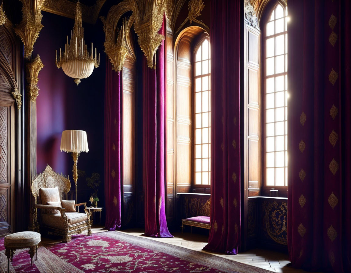 Luxurious Gothic Room with Tall Windows and Antique Furniture