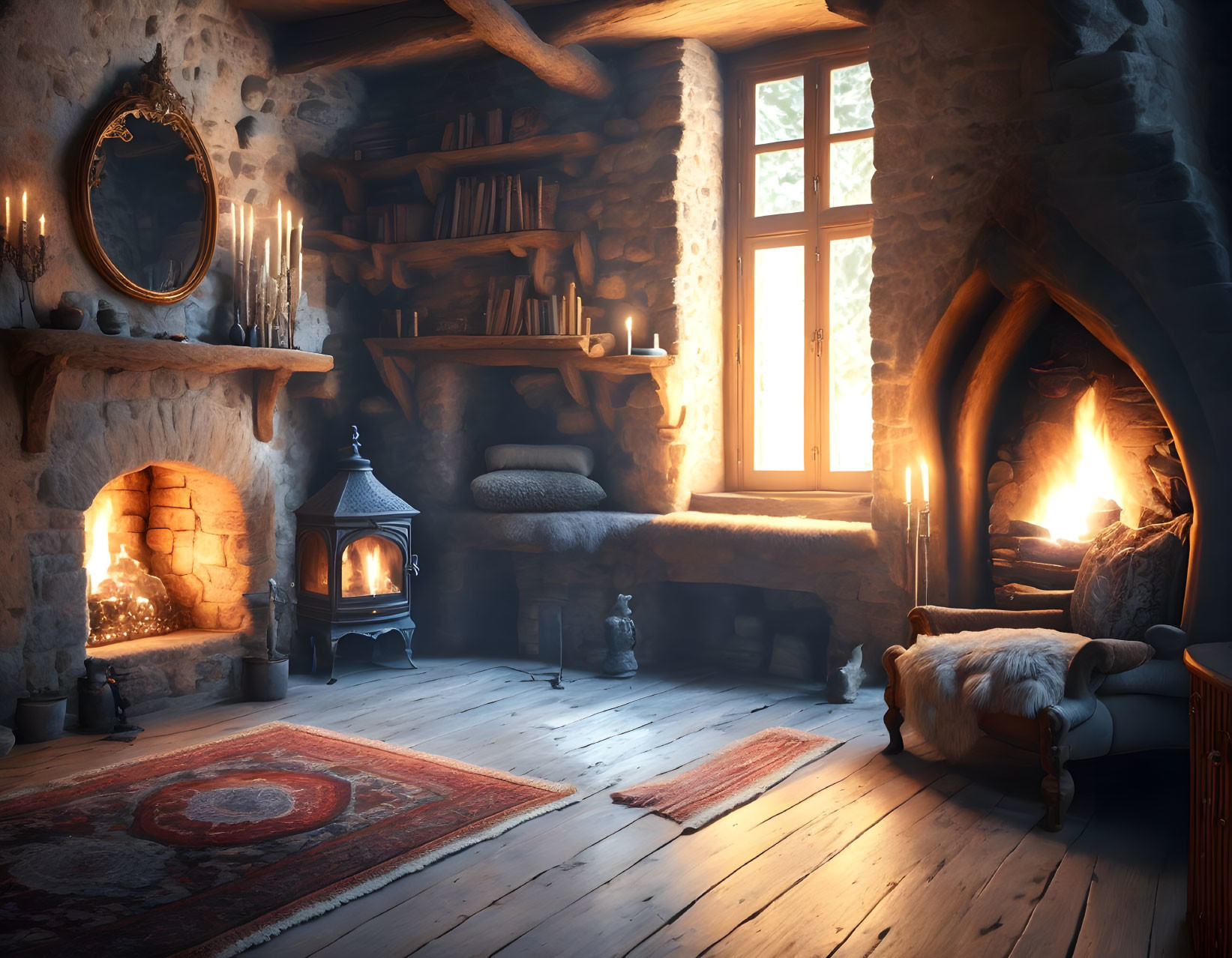 Medieval-style room with fireplace, candles, stone walls, wood furniture