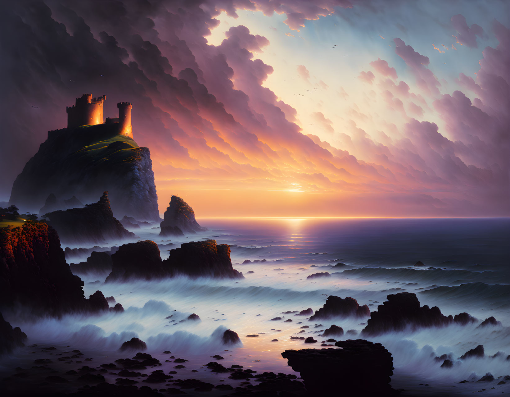 Castle on Cliff Overlooking Stormy Sea and Dramatic Sky