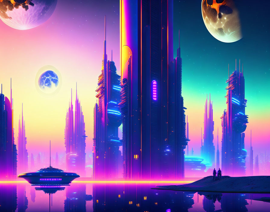 Futuristic cityscape at dusk with skyscrapers, glowing lights, spaceship, and celestial bodies