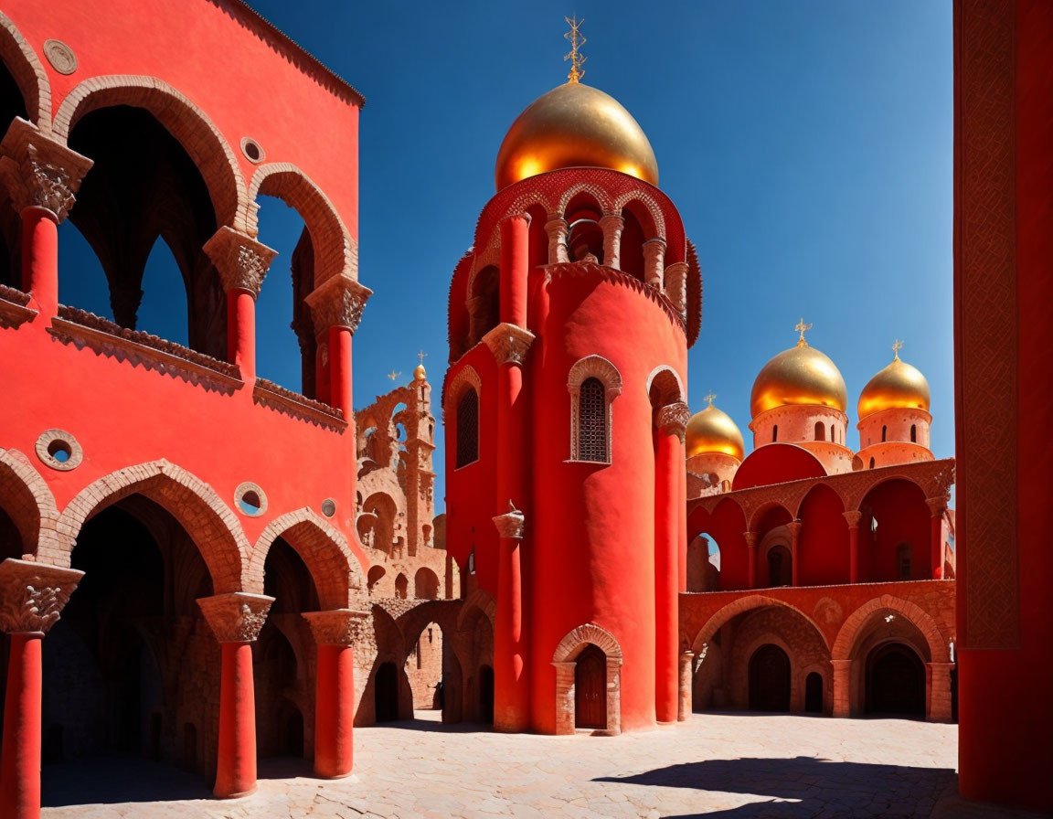 Russian-Style Architectural Complex with Red and Gold Onion Domes