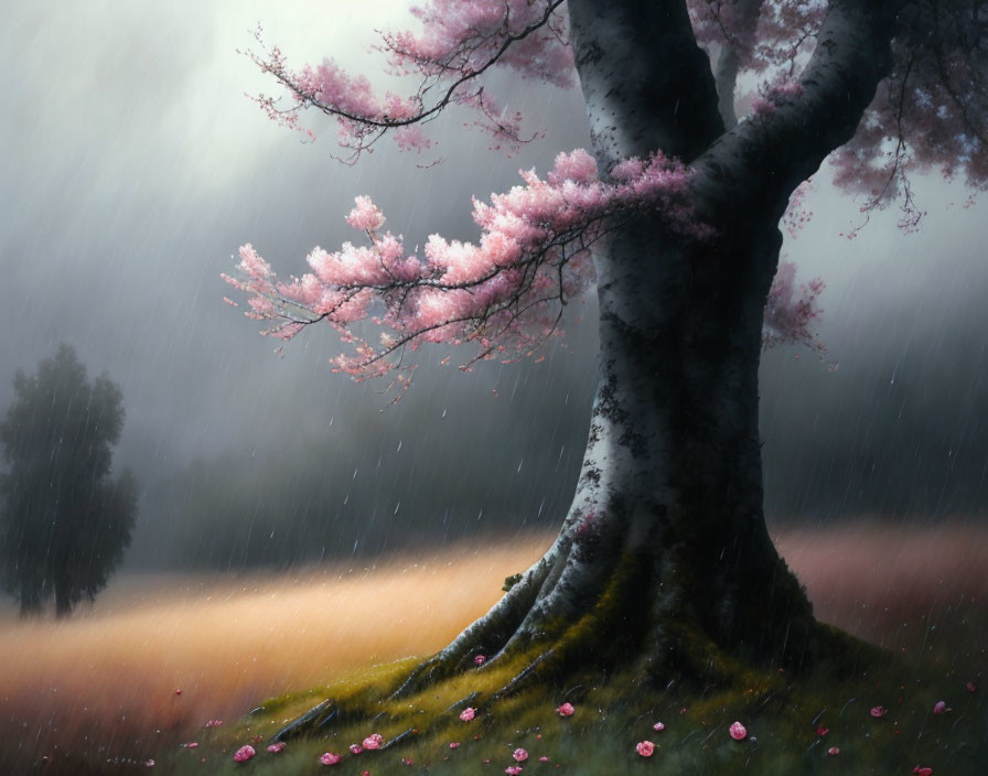 Serene Landscape with Pink Blossoms and Misty Backdrop