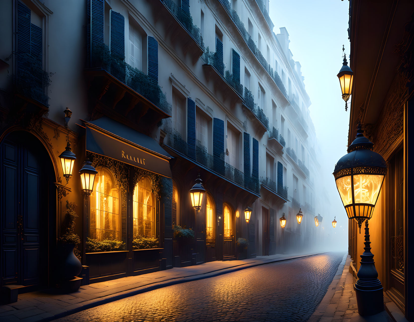 Serene Parisian street at twilight with glowing street lamps and elegant boutique facade