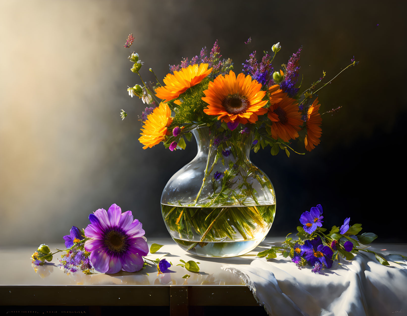 Colorful Flower Bouquet in Clear Vase with Petals and Soft Lit Background