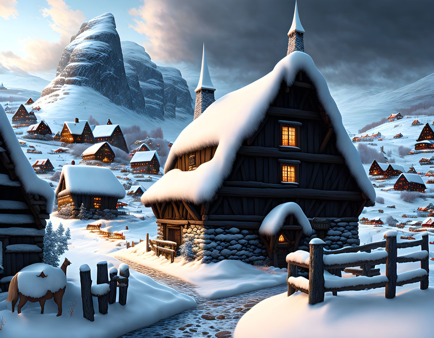 Snowy village at twilight: Cozy houses, cabin, mountains