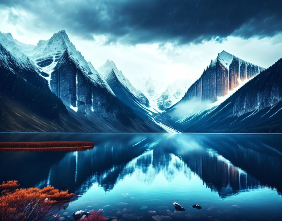 Snow-capped peaks and serene lake under starry sky and rain