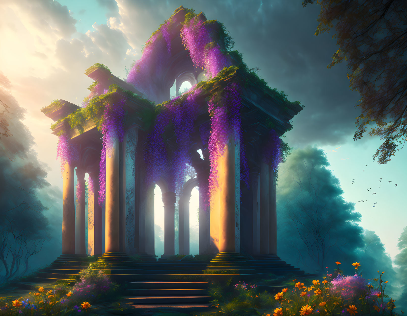 Ancient temple with purple vines at sunset in serene forest