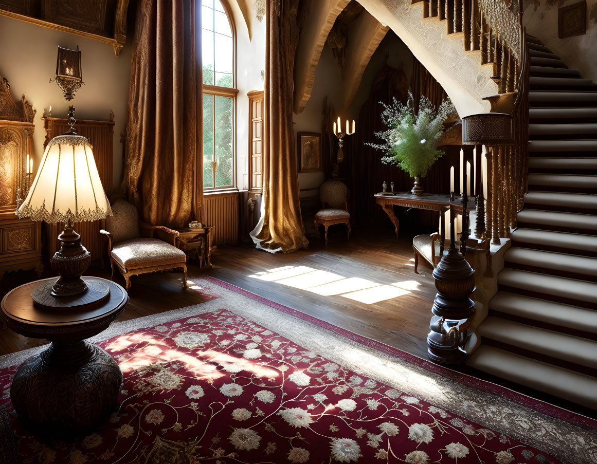 Vintage Room with Grand Staircase, Wood-Paneled Walls, Antique Furniture, and Warm Lighting