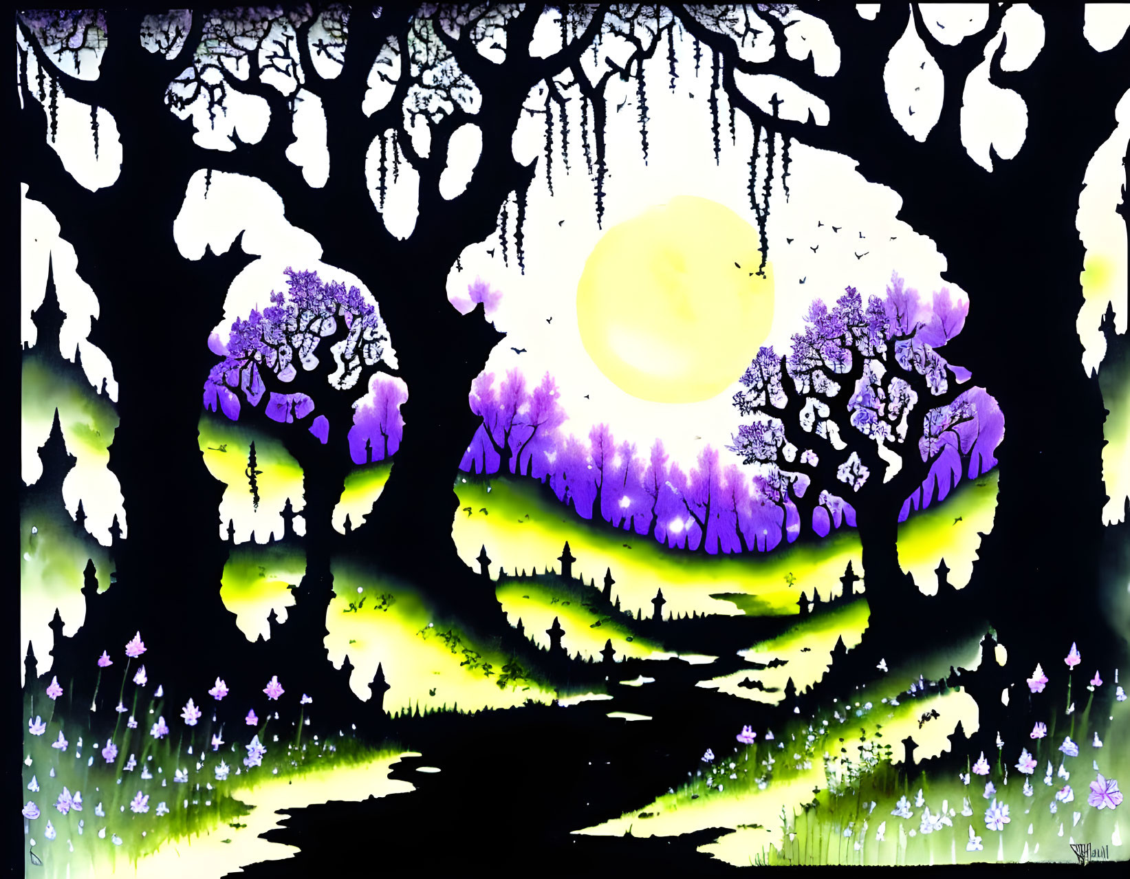 Surreal landscape painting with purple trees and yellow moon