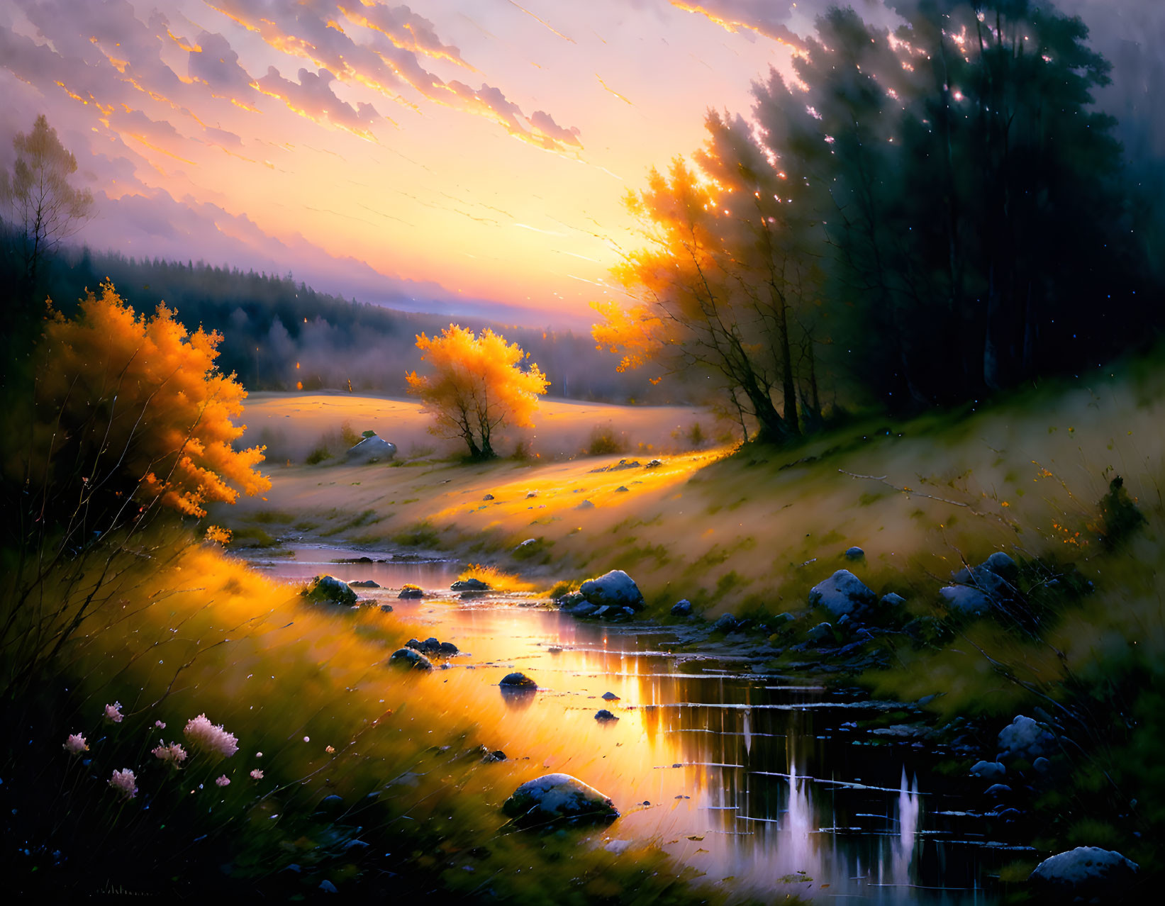 Tranquil river sunset with golden trees and rocks