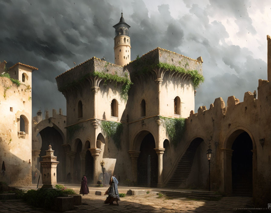 Digital Artwork: Medieval Courtyard with Stone Buildings and Figure