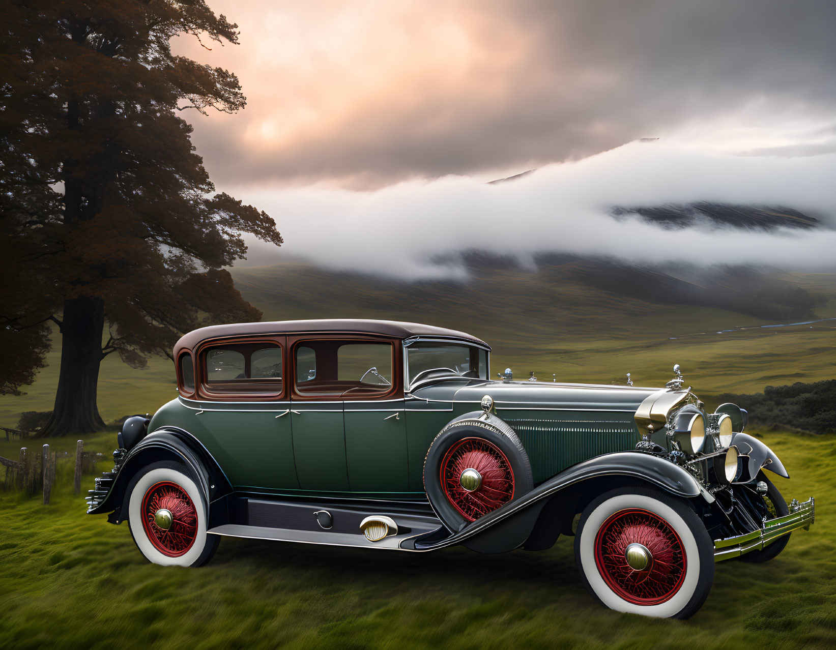 Classic Car Surrounded by Nature at Sunset