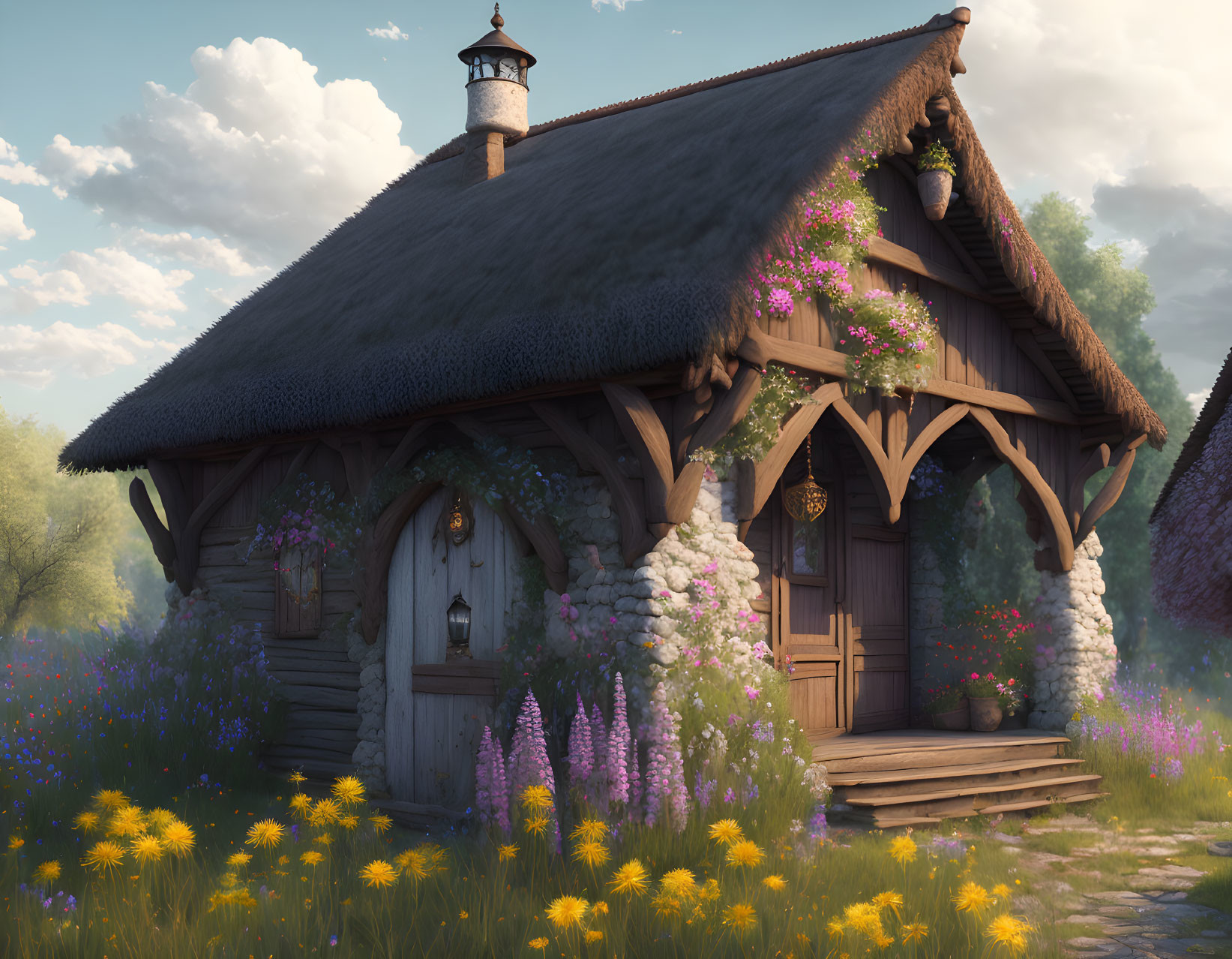 Thatched-Roof Cottage Surrounded by Blooming Flowers in Forest Clearing