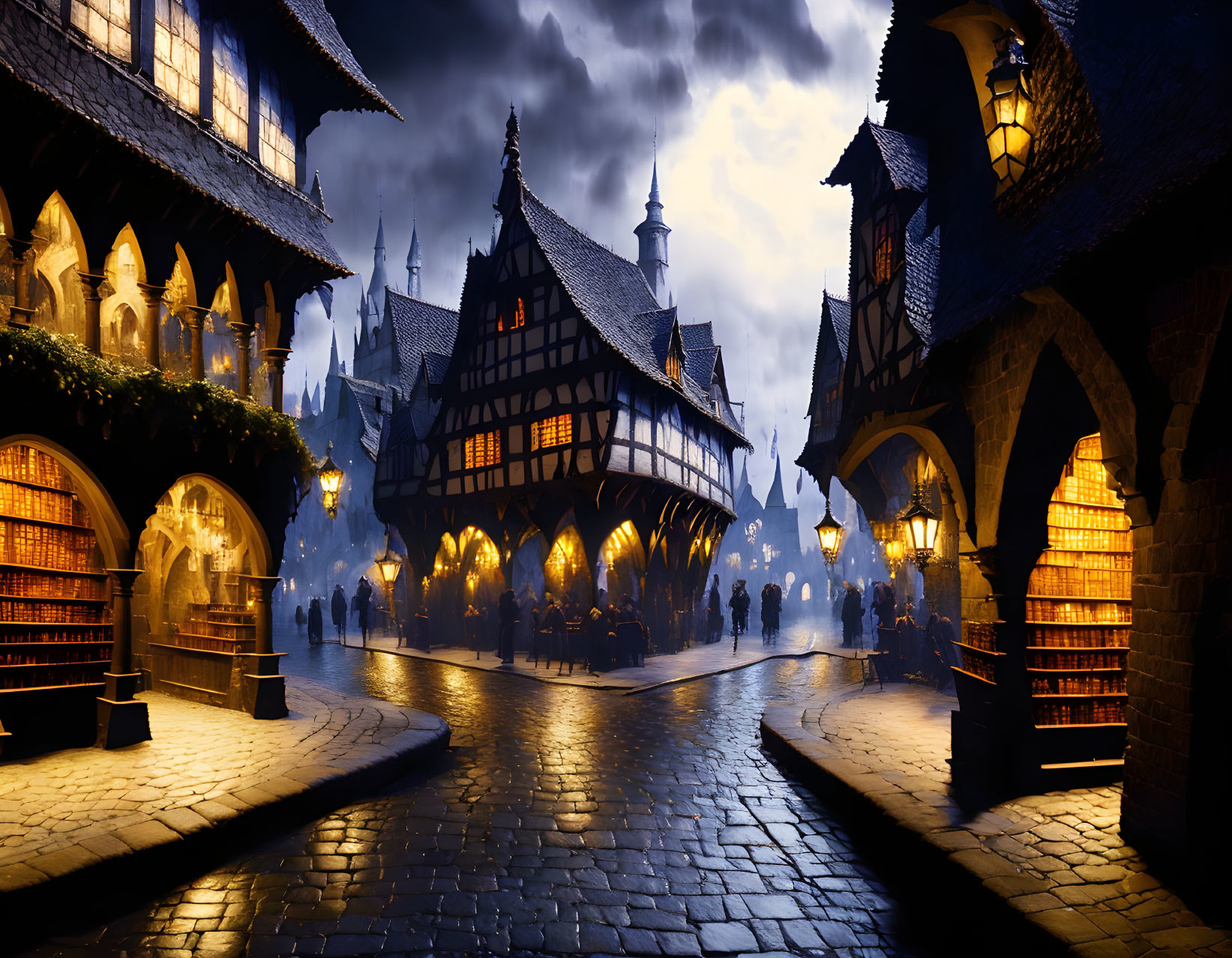 Medieval fantasy village cobblestone street at night with lanterns and fog