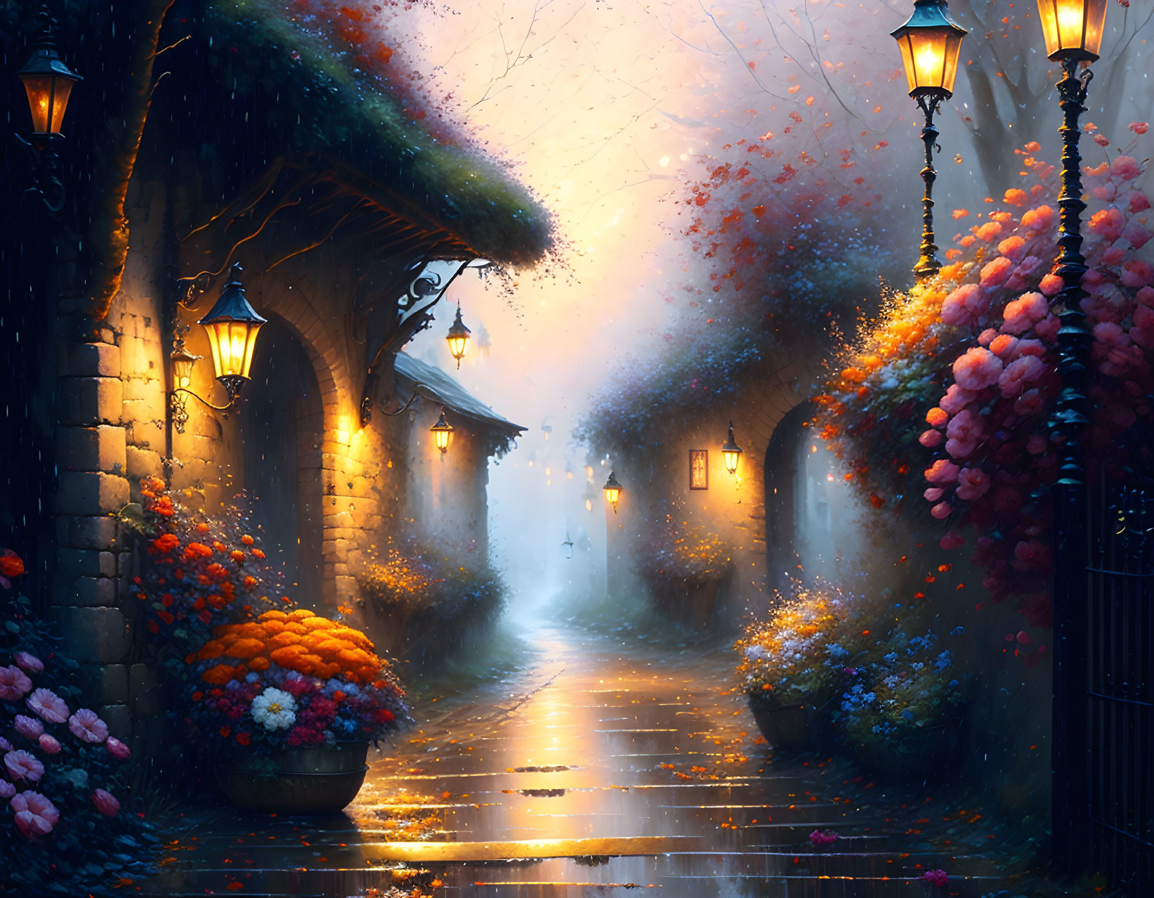 Blossoming flowers and lamp posts in misty cobblestone alley