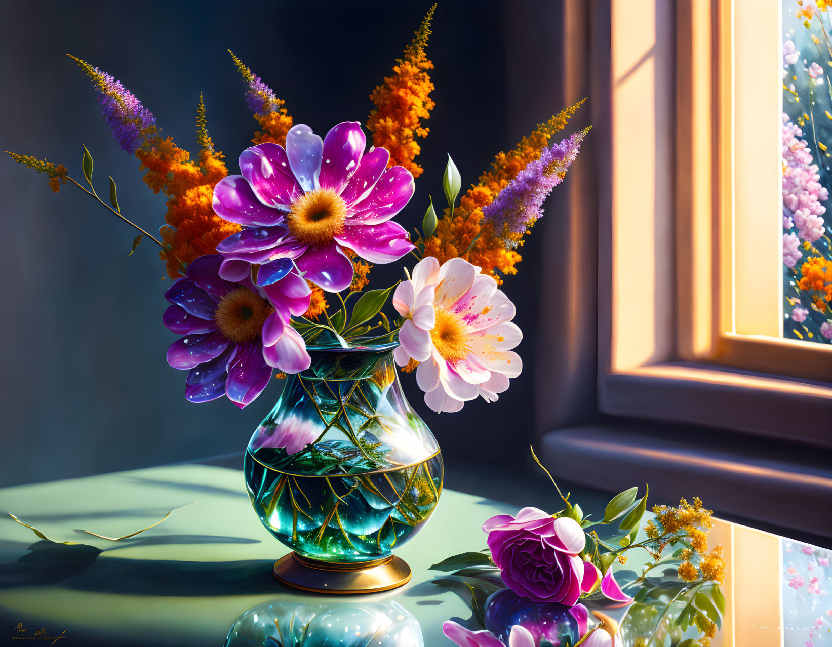 Purple and Orange Flowers in Clear Glass Vase on Table by Sunlit Window