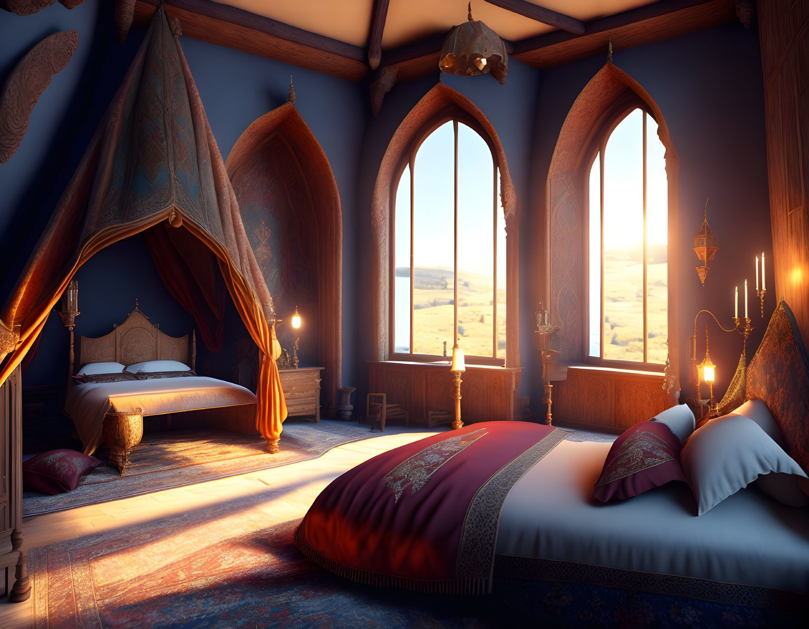 Luxurious Medieval Bedroom with Ornate Canopy Bed & Arched Windows