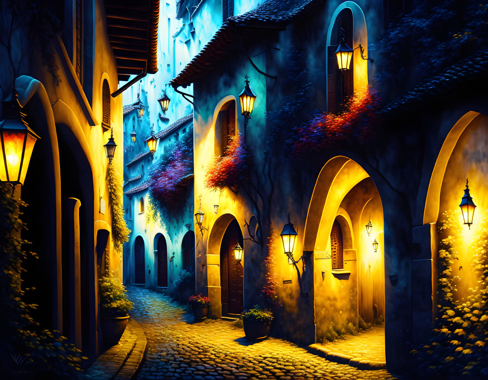 Nighttime cobblestone alley with glowing street lamps and cascading flowers