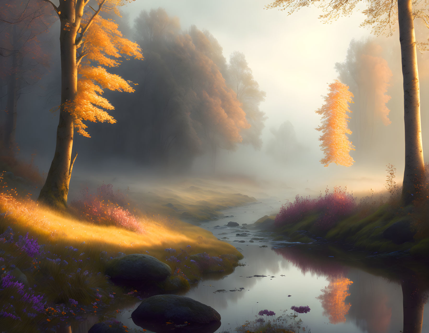 Tranquil Autumn Landscape with Mist, Stream, Golden Trees, and Wildflowers