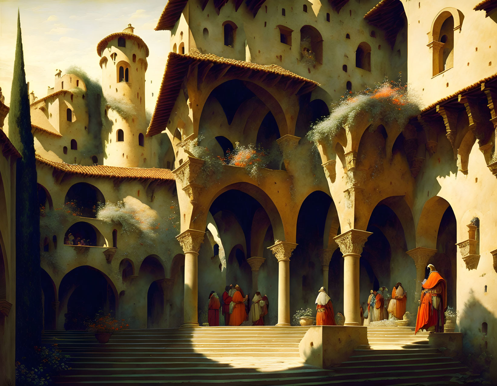 Sunlit ancient castle courtyard with traditional-robed figures conversing.