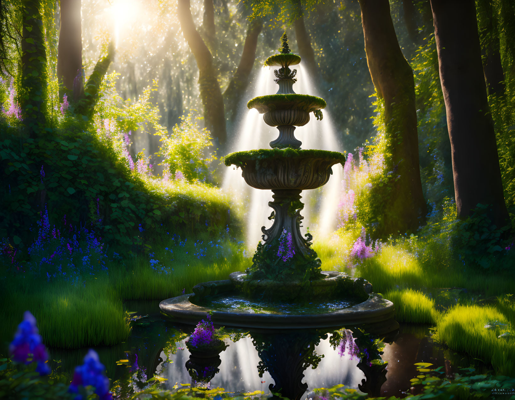 Ornate fountain in lush forest glade with cascading water