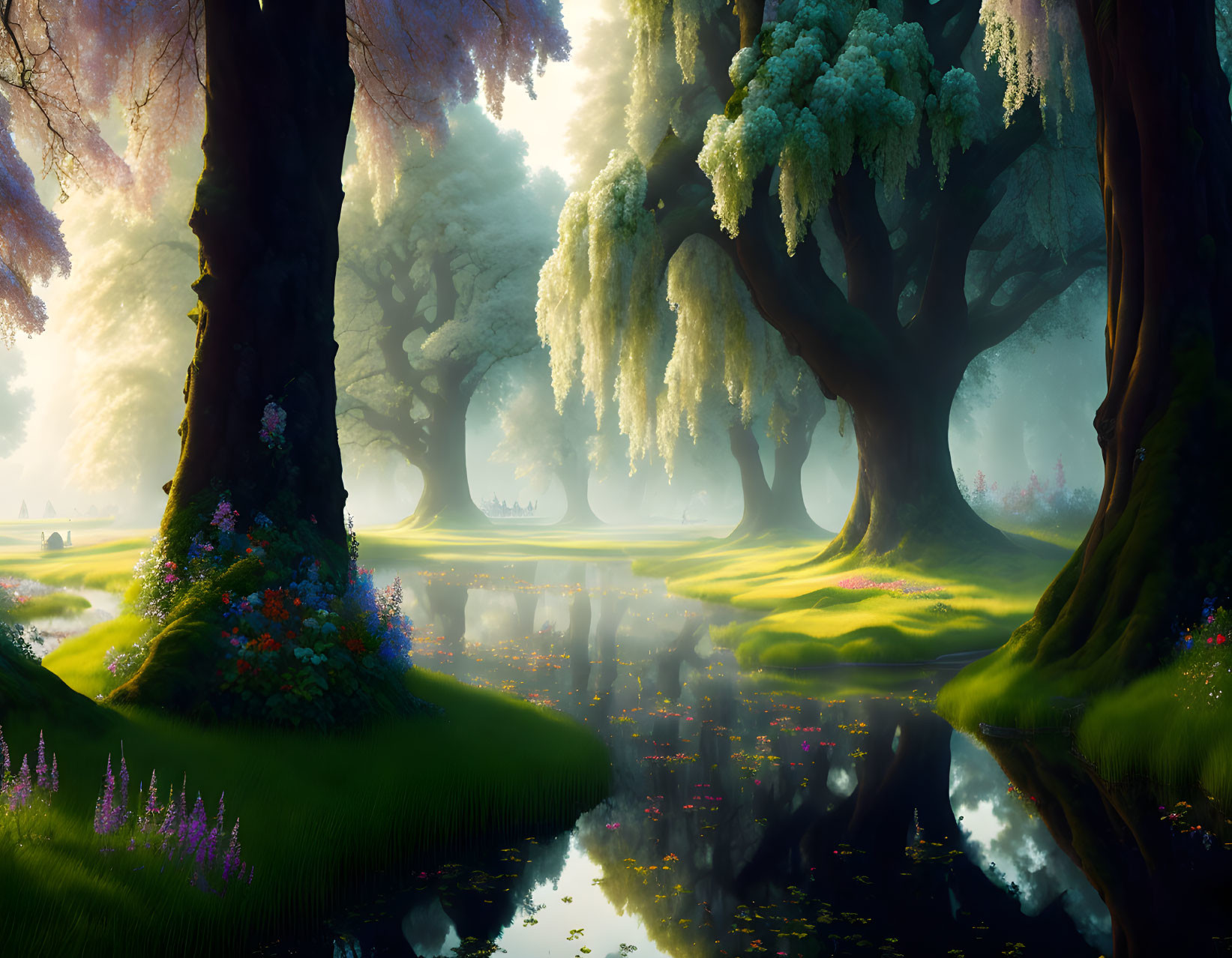 Mystical forest with towering trees and reflective water body