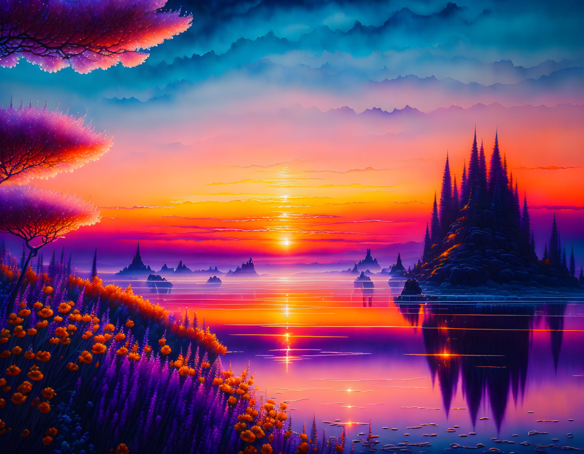 Colorful sunset digital artwork with purple trees, orange flowers, and reflective water.