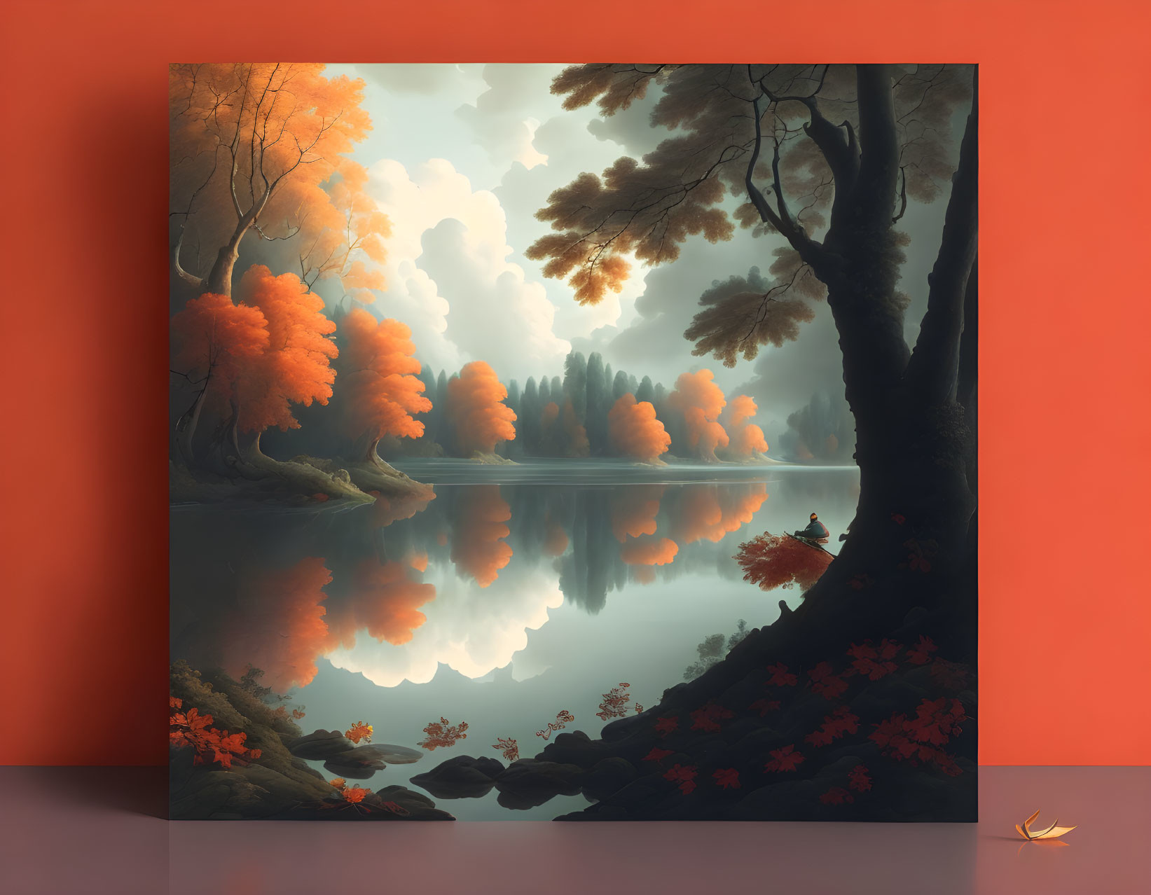 Scenic autumn landscape with orange foliage, reflective lake, solitary figure, and billowy clouds