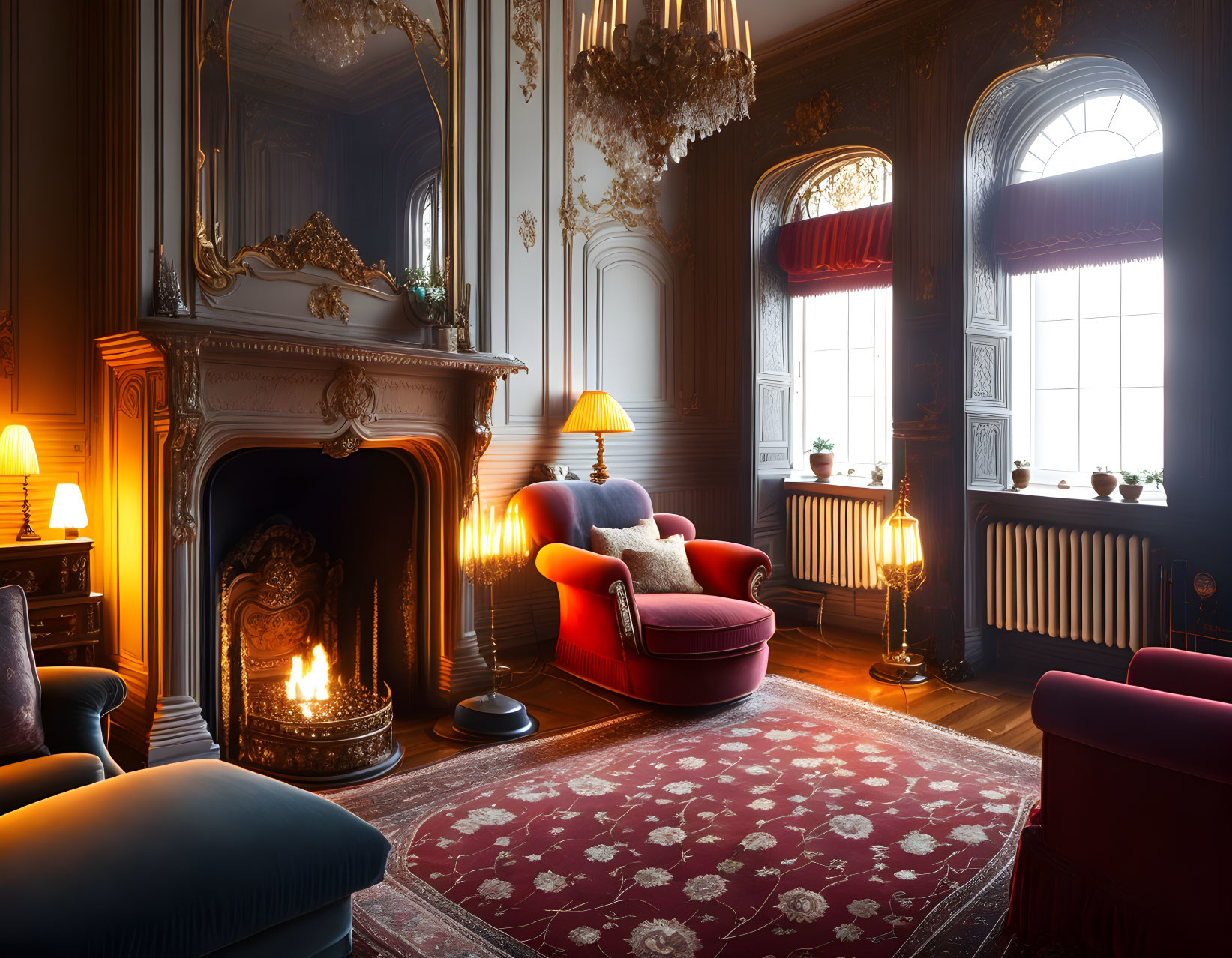 Vintage Room with Lit Fireplace, Plush Seating, Ornate Windows, Red Drapes, Golden