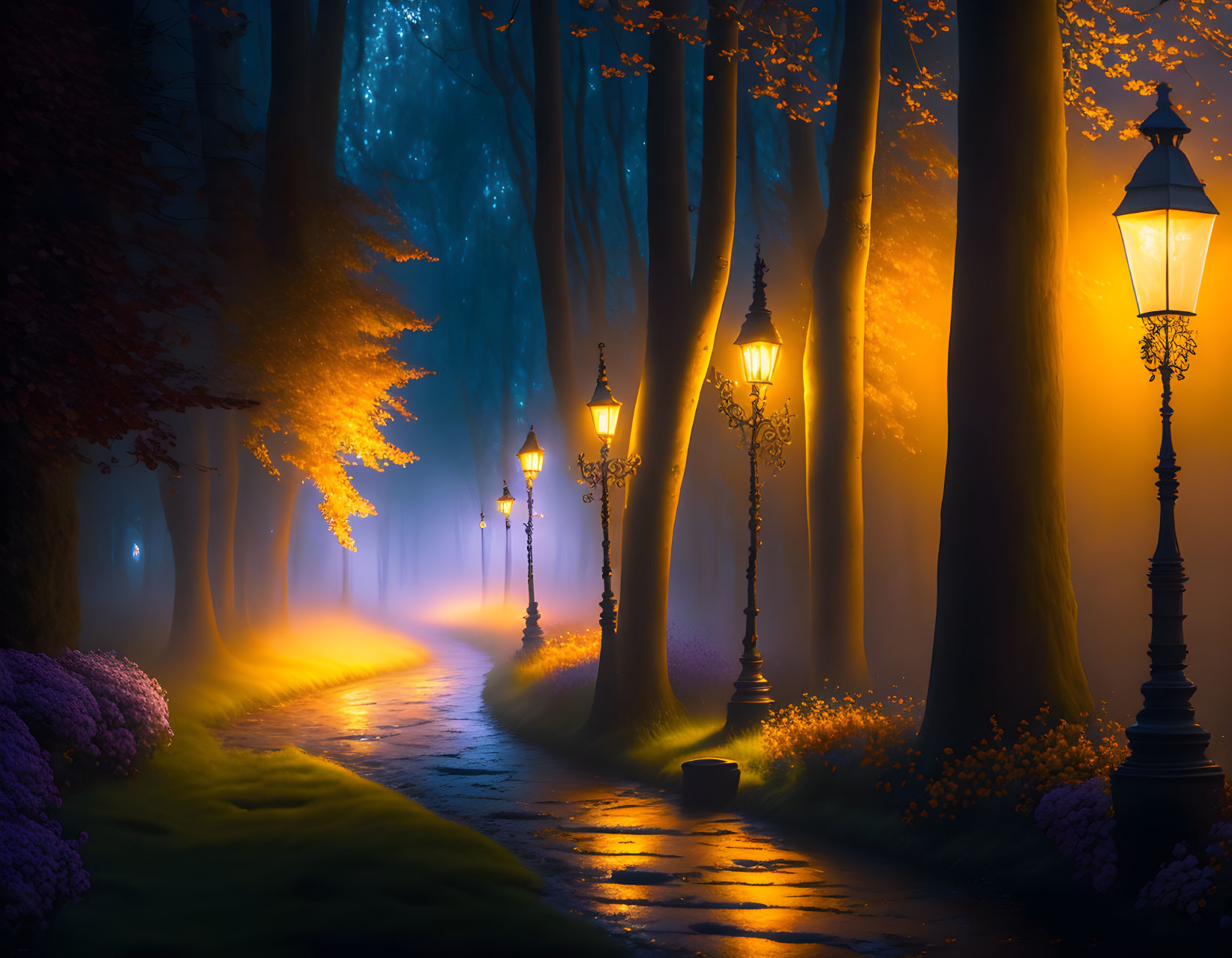 Enchanting pathway with vintage street lamps in misty twilight