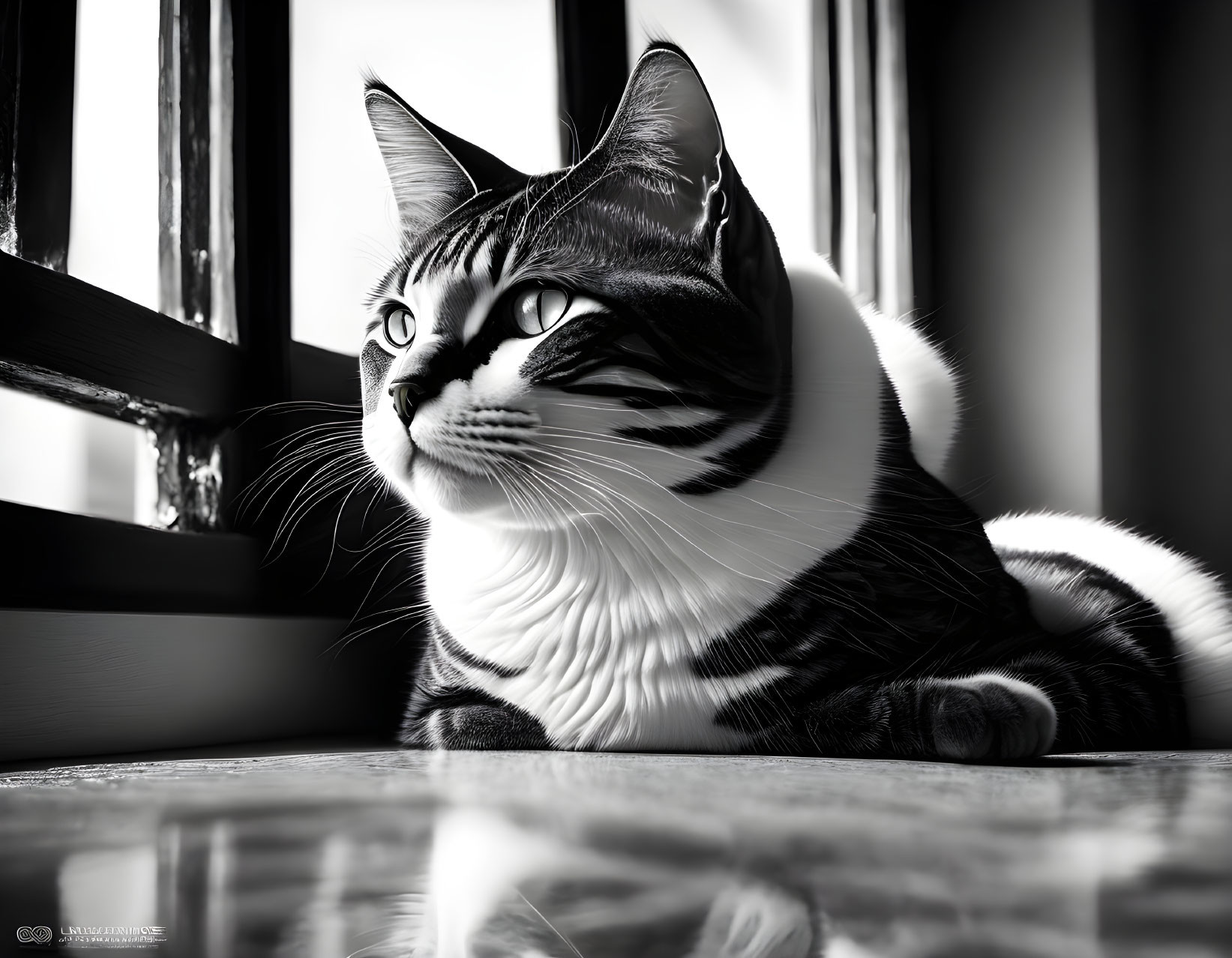 Monochrome image of striped cat by window gazes outside