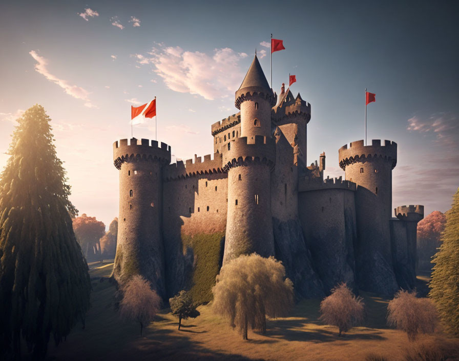 Medieval castle with multiple towers and red flags in serene landscape