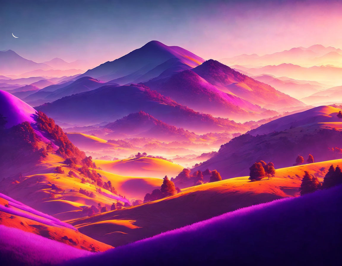 Colorful Dusk Sky Over Rolling Hills and Mountains