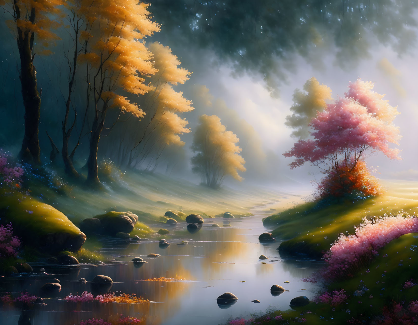 Tranquil forest scene with autumn trees, stream, and sunlight