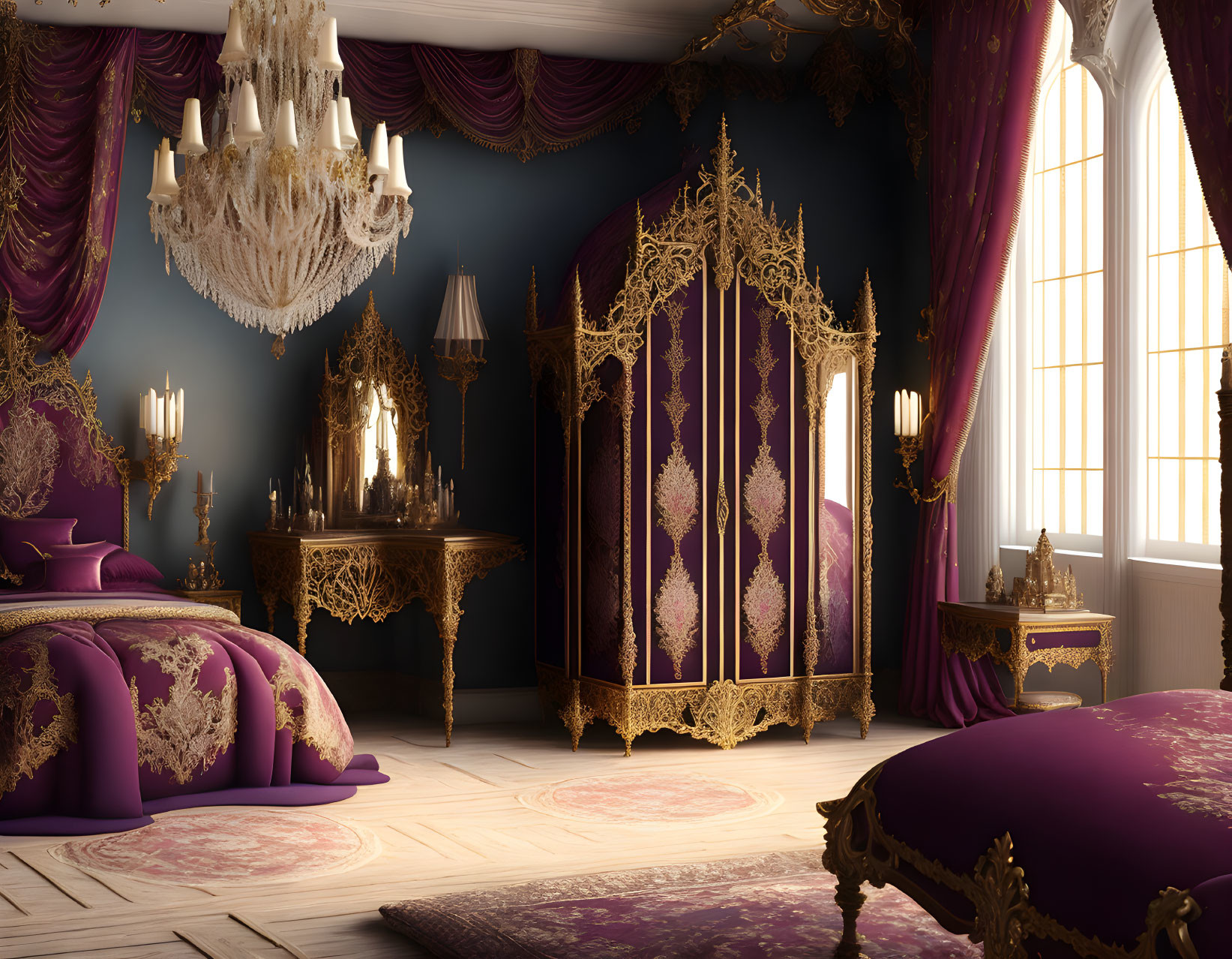 Opulent vintage bedroom with four-poster bed, ornate furniture, grand chandelier, purple dr