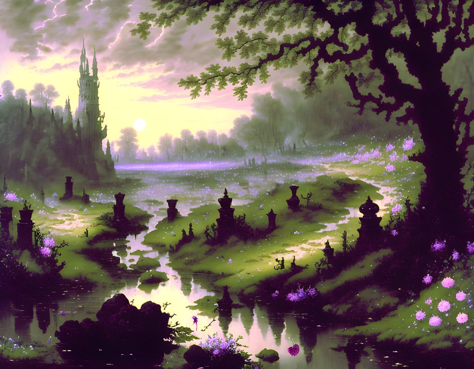 Fantasy twilight landscape with glowing castle, blooming trees, tranquil lake, ancient structures, purple flowers