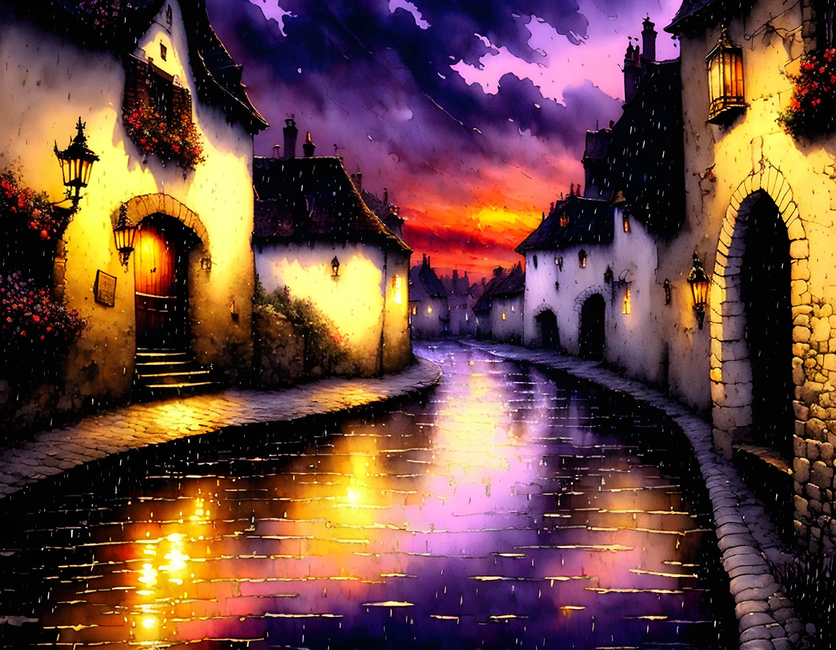 Quaint village cobblestone street at dusk with glowing lights