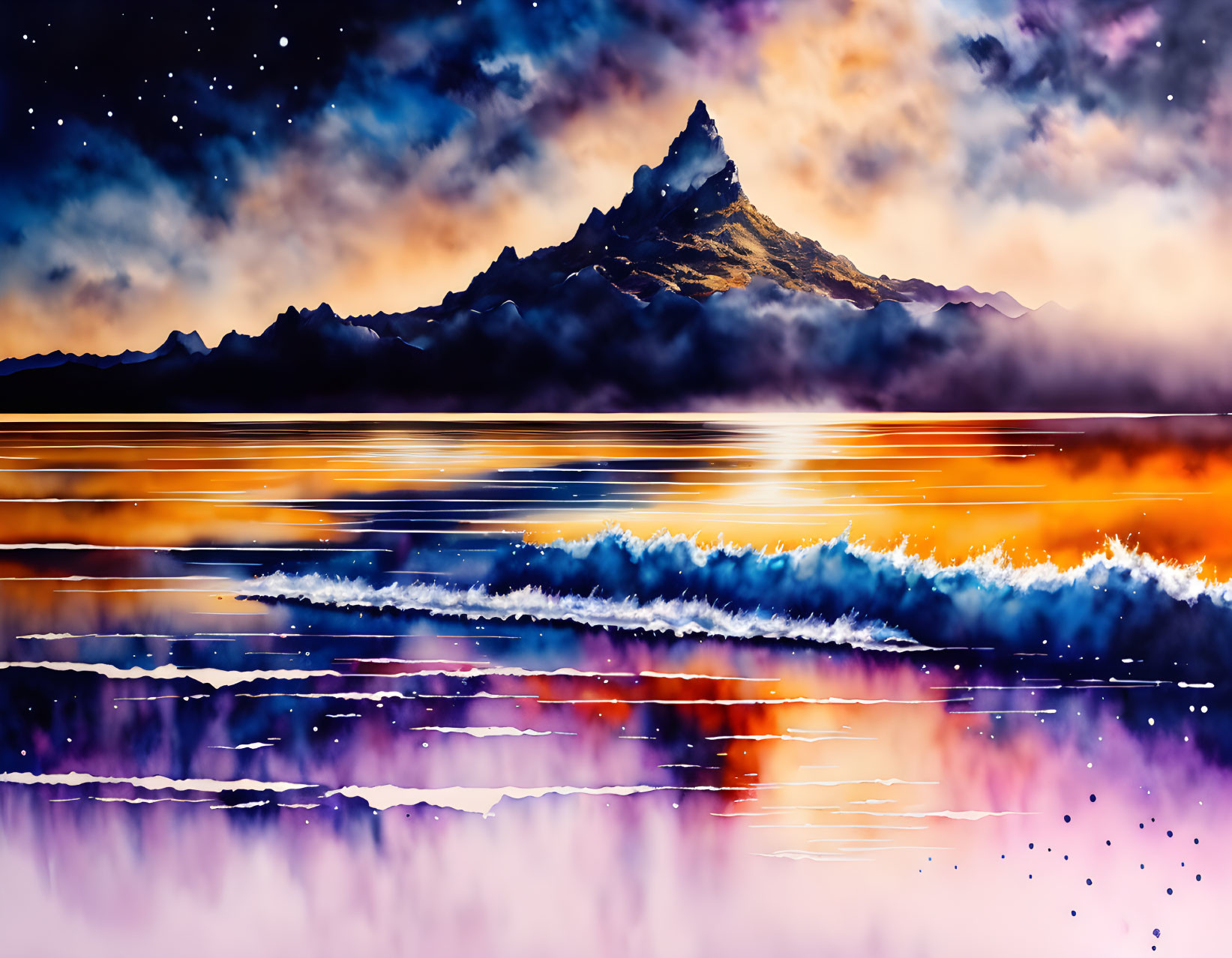 Mountain peak and starry sky digital art with fiery orange and soothing purple hues